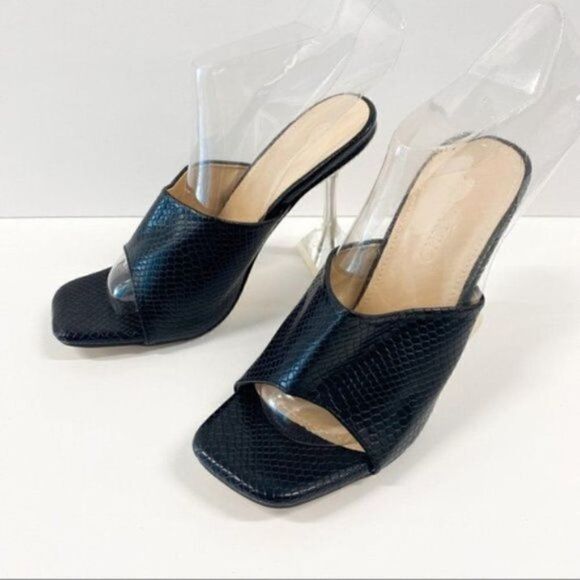 Women Peep Toe Fashion Block Heels Slipper Faux Leather Shoes Pump Slip On Shoes - Picture 3 of 8